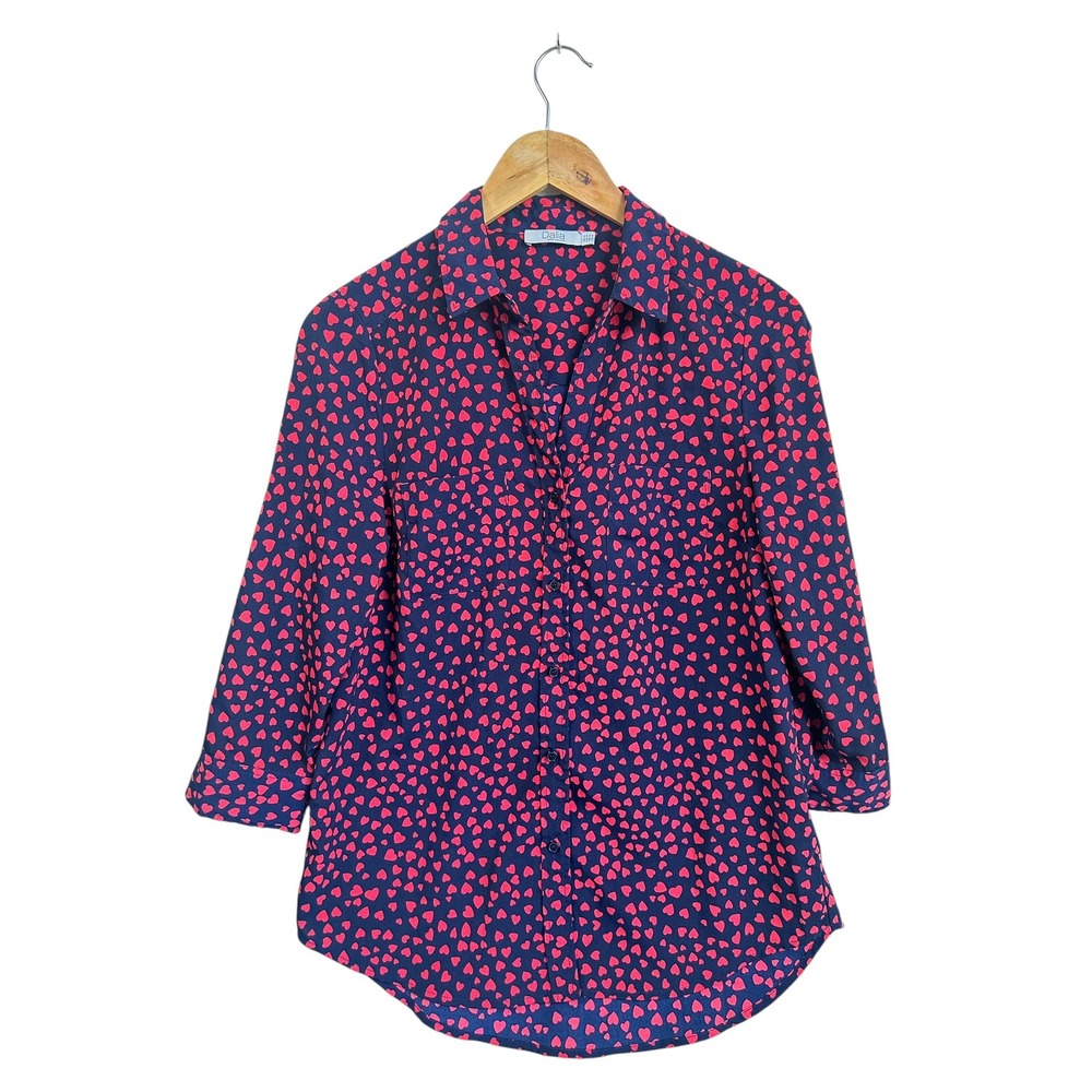 Dalia Button Down Shirt Navy Red Heart Dot Preppy Romantic Office Small NWOT